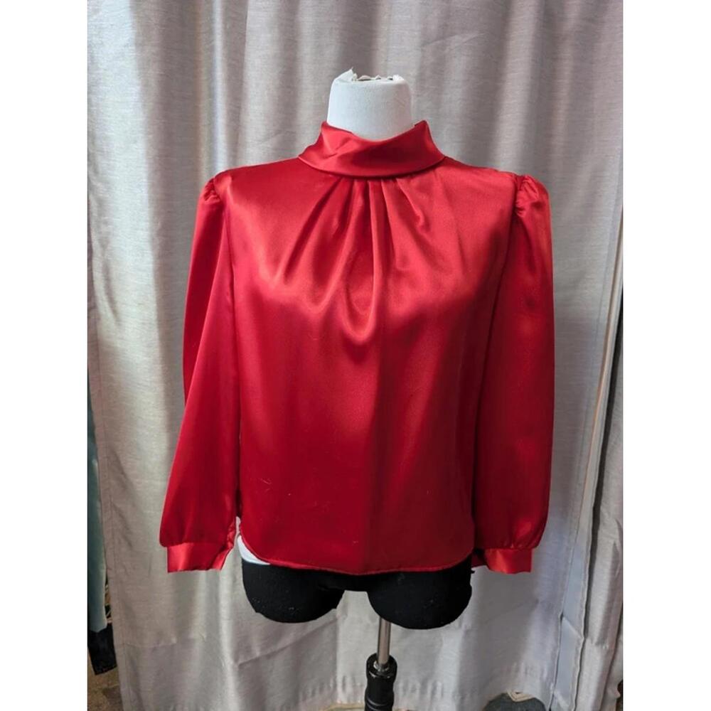 Vintage Blouse 80s Red Silky Satin High Neck Top M